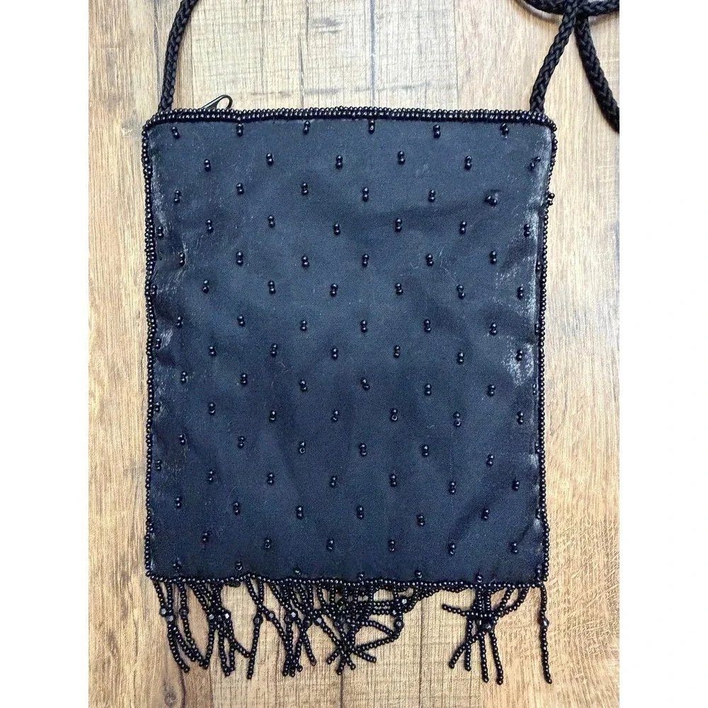 La Regale Black Beaded Fringe Evening Crossbody Bag Vintage Formal Clutch